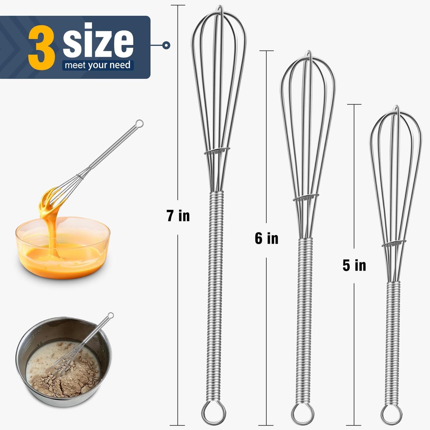 Whisks For Cooking - 500 °F Heat Resistant Silicone Whisk, Heavy Duty 7",9"&11inch Non-Scratch Balloon Kitchen Wisk tool Set, for cooking Wisking, Blending, Beating, Stirring, 3 Piece Black