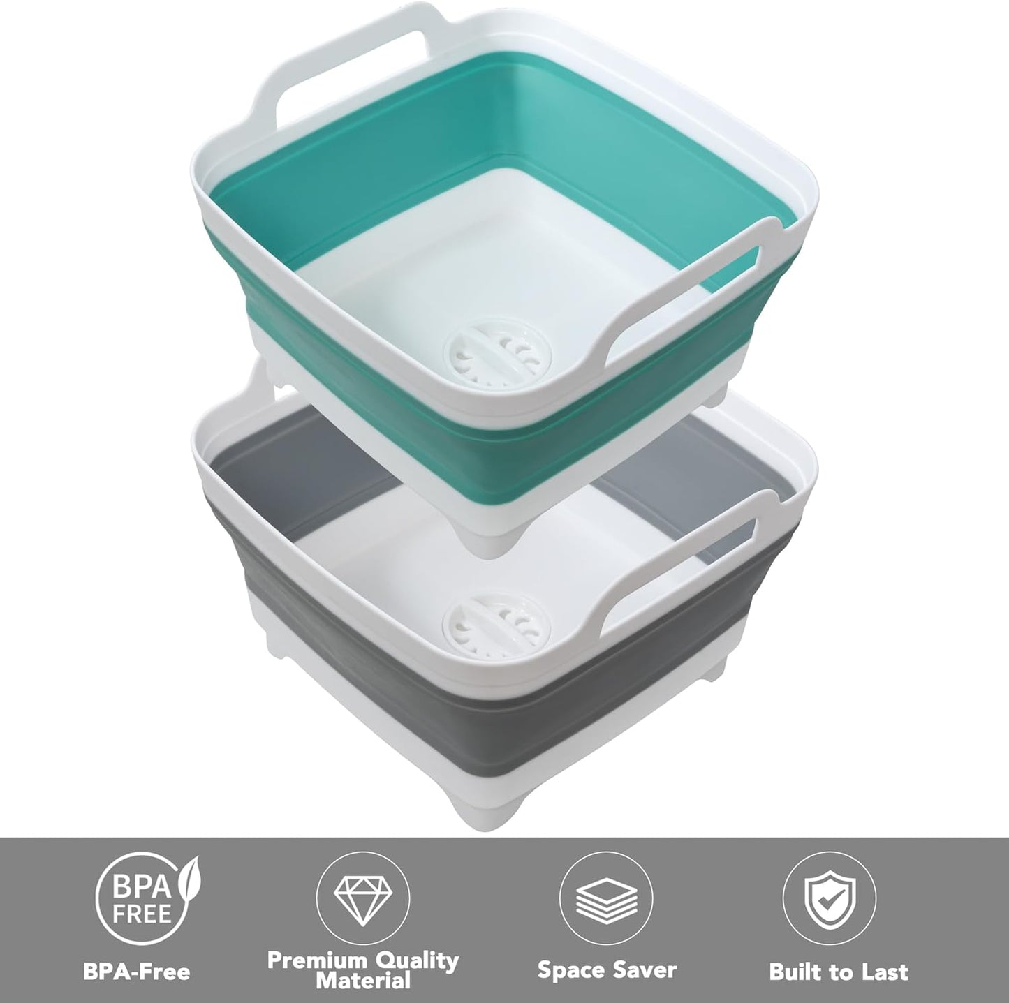 Tiawudi Dishpan for Washing Dishes, 2.4Gal/9L Wash Basin with Draining Plug Carry Handles, Collapsible Bucket for Cleaning, Portable Sink, Foldable Plastic Tub, 1PC