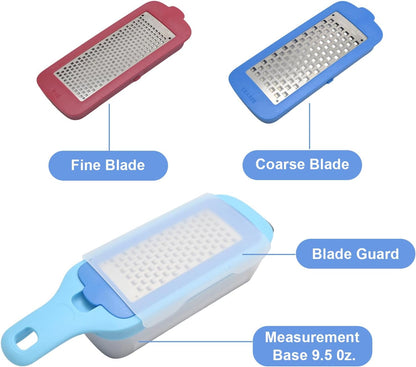 Hoypeyfiy Interchangeable Grater with Storage Box, Cheese Grater Kit Includes Coarse & Fine Stainless Steel Blades for Kitchen, Non-Slip Base for Stability