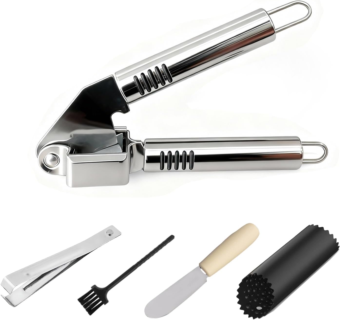 MANJIA Garlic Press and Peel Set Stainless Steel- Rust Proof Garlic Mincer Tool - Easy-Squeeze, Easy-Clean Silicone Garlic Peeler & Brush (Green)