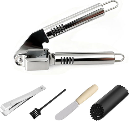 MANJIA Garlic Press and Peel Set Stainless Steel- Rust Proof Garlic Mincer Tool - Easy-Squeeze, Easy-Clean Silicone Garlic Peeler & Brush (Green)