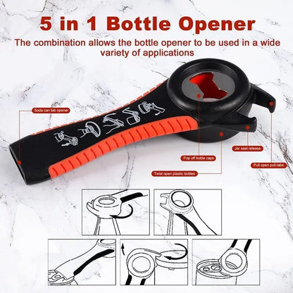5 in 1 Bottle Opener, Multi Use Jar Opener, Non Slip Jar Opener Grip Pad - Easy to Use for Everyday Kitchen Tasks, Ideal for Weak Hand Strength (Red)