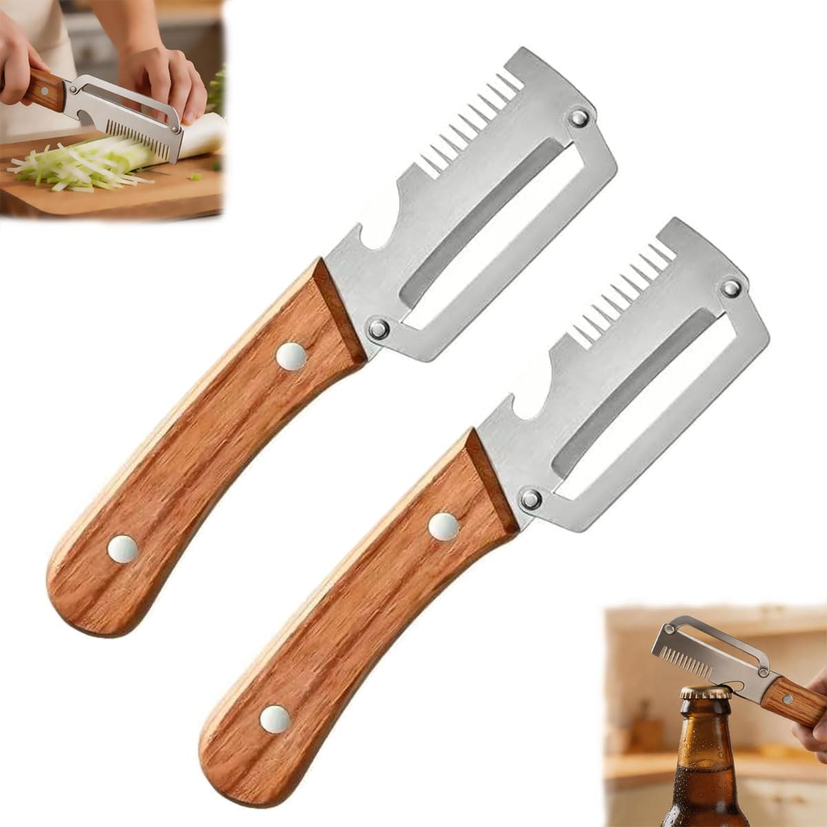 3-in-1 Upgraded Vegetable Peeler with Grater and Bottle Opener, Stainless Steel Kitchen Peeler, Zero Snag Wooden Peeler for Fruits and Vegetables