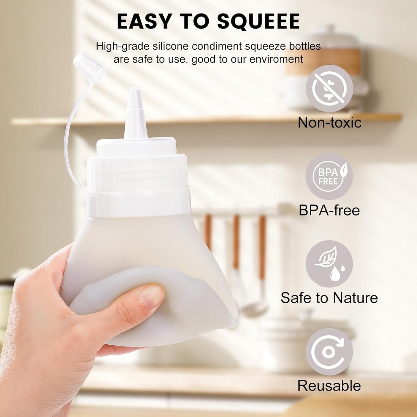 Mrsdry Condiment Squeeze Bottles, 12 oz Silicone Squeeze Bottles For Sauces, Leak Proof Condiment Containers with Extra Interchangeable lid, Easy Squeeze for Oil, Honey & Dressings, BPA FREE (4 Pack)