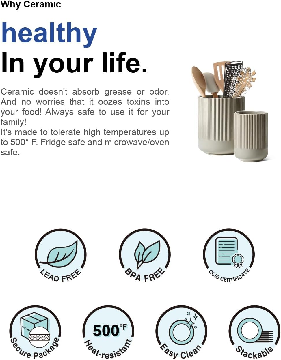 LE TAUCI Utensil Holder for Kitchen Counter, 7.3"+5.4" Fluted Ceramic Utensil Crock Organizer for Countertop, Heavy Large Holder for Spatulas, Spoons, Set of 2, White, Kitchen Counter Decor