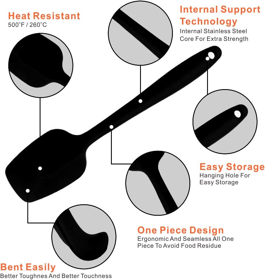Silicone Spatulas Set of 6, Rubber Spoon Spatula Heat Resistant Spoonula One Piece Design Seamless Spatula Non-Stick Scrapers Baking Mixing Tool (Black)