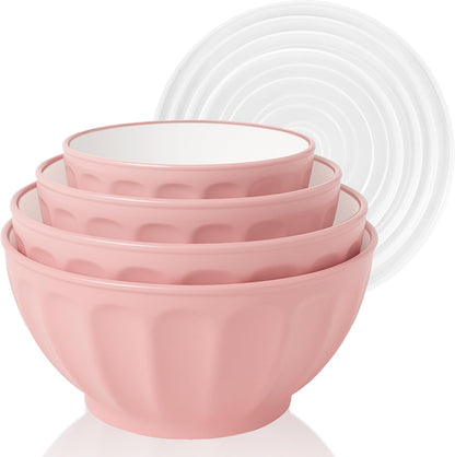 BoxedHome BPA Free Plastic Round Mixing Bowl with Lids, 12 Pack Nesting Bowls with Lids Set, Microwave and Dishwasher Safe Prep & Serving Bowls Great for Mixing, Baking, Serving (Pink, 12pcs)