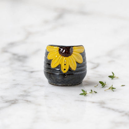 Sunflower Herb Stripper Bowl - 4 Size Holes Ceramic Leaf Stripper Tool for Rosemary Thyme, 3D Sunflower Embossed, Kitchen Gadgets for Cooking & Gardening, Brown Glazed