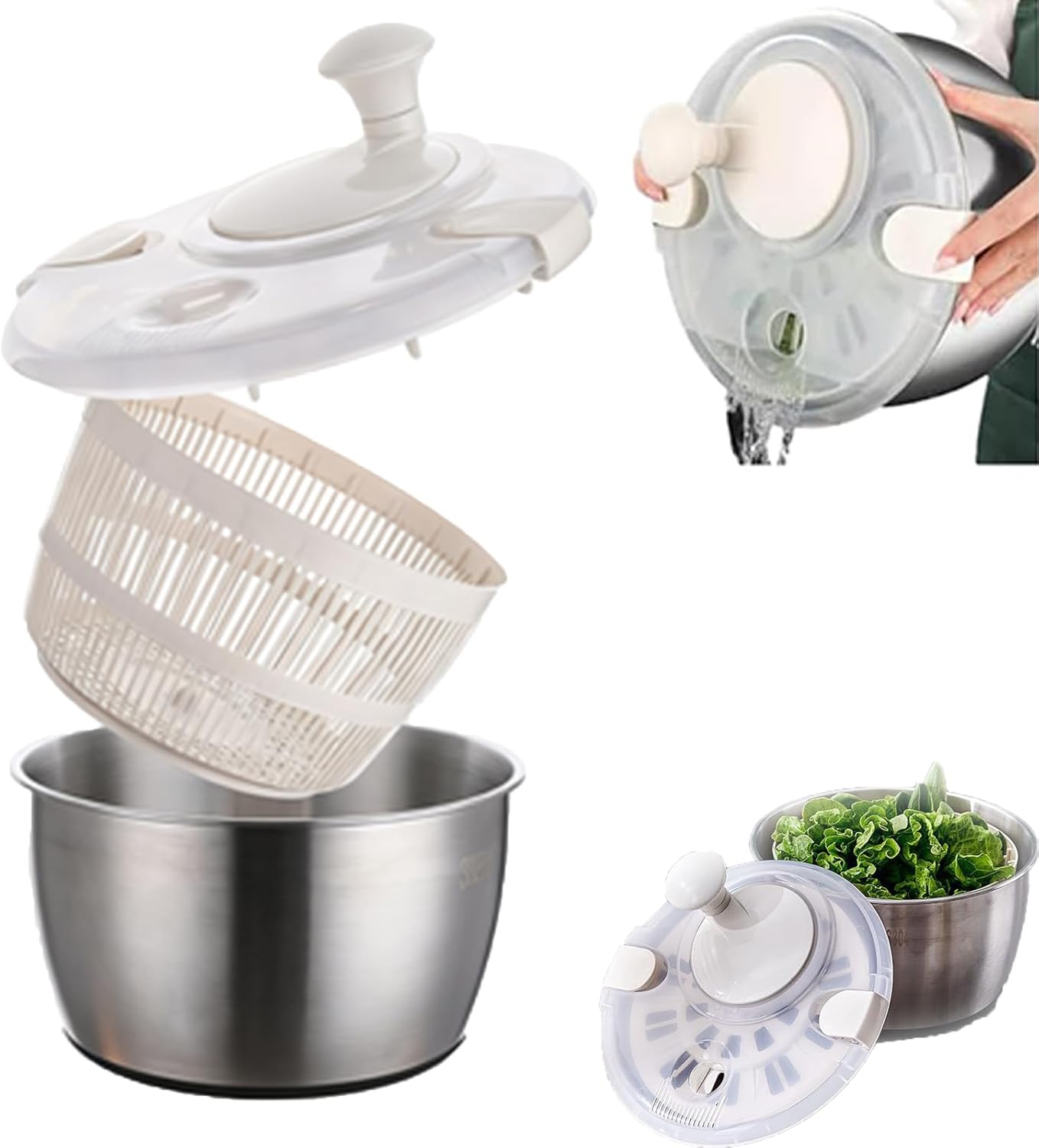 Stainless Steel Salad Spinner, Salad Spinners Large, Lettuce Spinner, with Drainage Basket Drainage Outlet, Used for Cleaning and Drying Vegetables Food and Fruits Quick Spin Vegetable Fruit Spinner