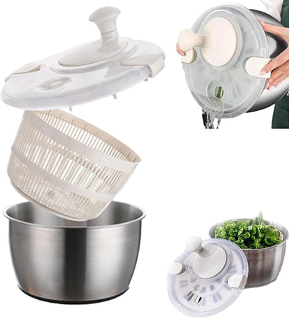 Stainless Steel Salad Spinner, Salad Spinners Large, Lettuce Spinner, with Drainage Basket Drainage Outlet, Used for Cleaning and Drying Vegetables Food and Fruits Quick Spin Vegetable Fruit Spinner
