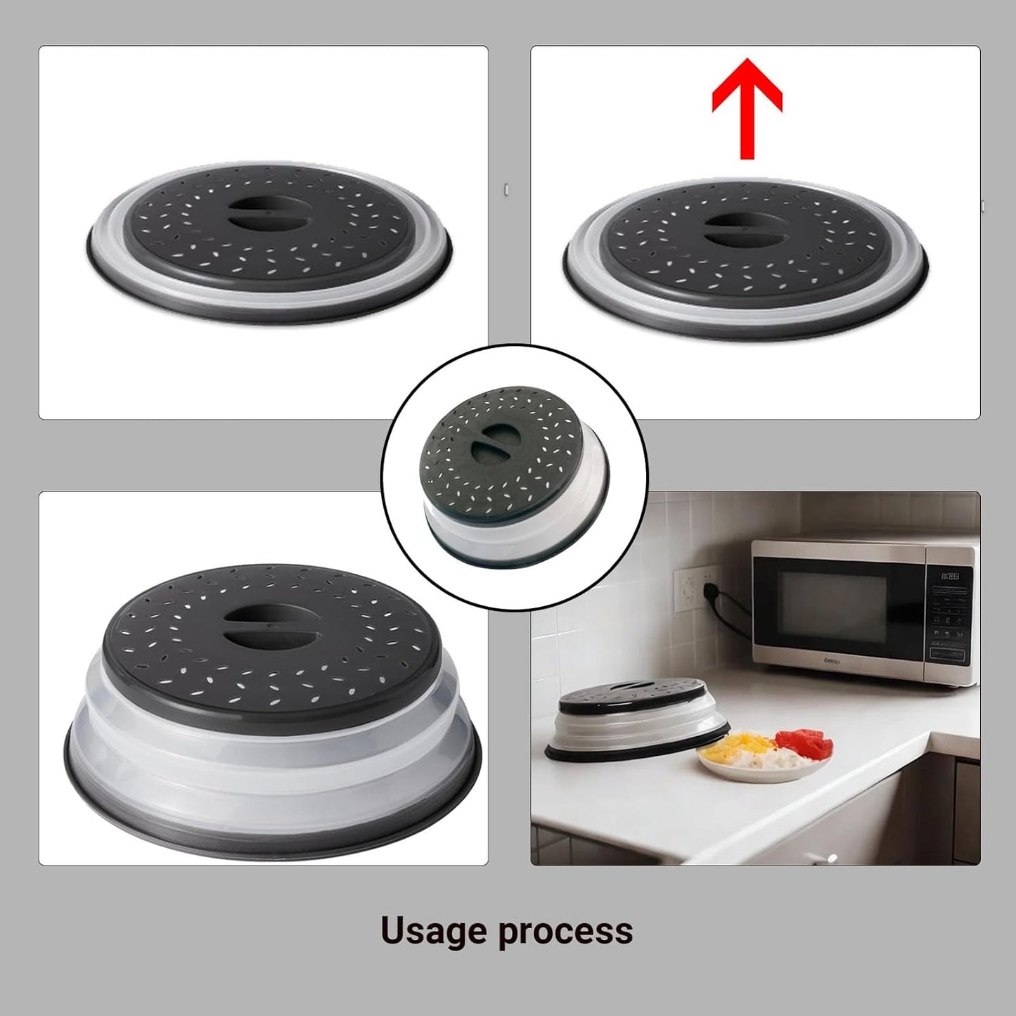 Collapsible Microwave Cover 10.5",Microwave cover for Food 10.5”,Microwave Cover Collapsible Splatter Cover Colander Lid,Fruit Drainer Baske,BPA Free and Non-Toxic(Black) ﻿
