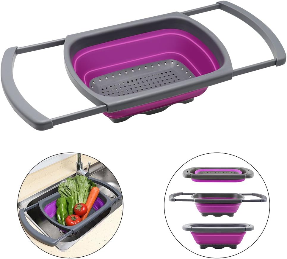 Qimh Colander Collapsible, Over The Sink Veggies/Fruit 6-Quart Strainers and Colanders with Extendable Handles, Folding Strainer for Kitchen