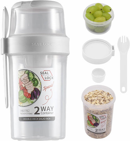 Breakfast On The Go Cups, Salad Cup To Go, Take And Go Yogurt Cereal Overnight Oats Snack Parfait Containers & Salad Dressing Holder With Fork For Lunch, Fruit & Vegetable Jar(White,29.5oz)