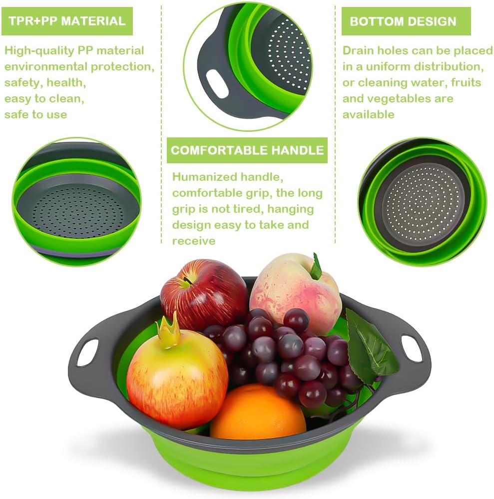 AUAUY 2 PCS Collapsible Colander Set, Square Silicone Folding Colander with Plastic Handles, Eco-Friendly Large Hole Kitchen Strainer for Draining Pasta Vegetables Fruits-1 Large and 1 Small