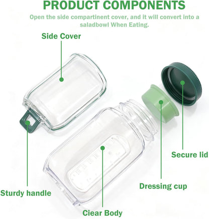 2 Pack Salad Containers with Dressing Cup, Leakproof Salad Jars with Side Hatch, Portable Food Storage Jars with Lid for Meal Prep, Lunch, Picnic & Travel, Reusable Airtight Tritan Canisters
