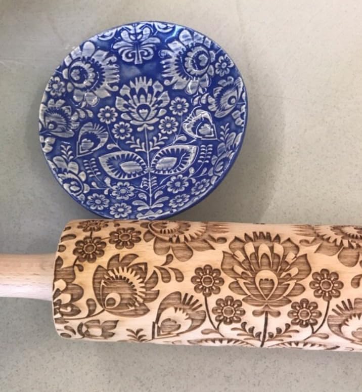 FLOWERING VINE Embossing Rolling Pin. Laser Engraved Dough Roller with Climbing Flowers Pattern for Embossed Cookies or Pottery by Algis Crafts