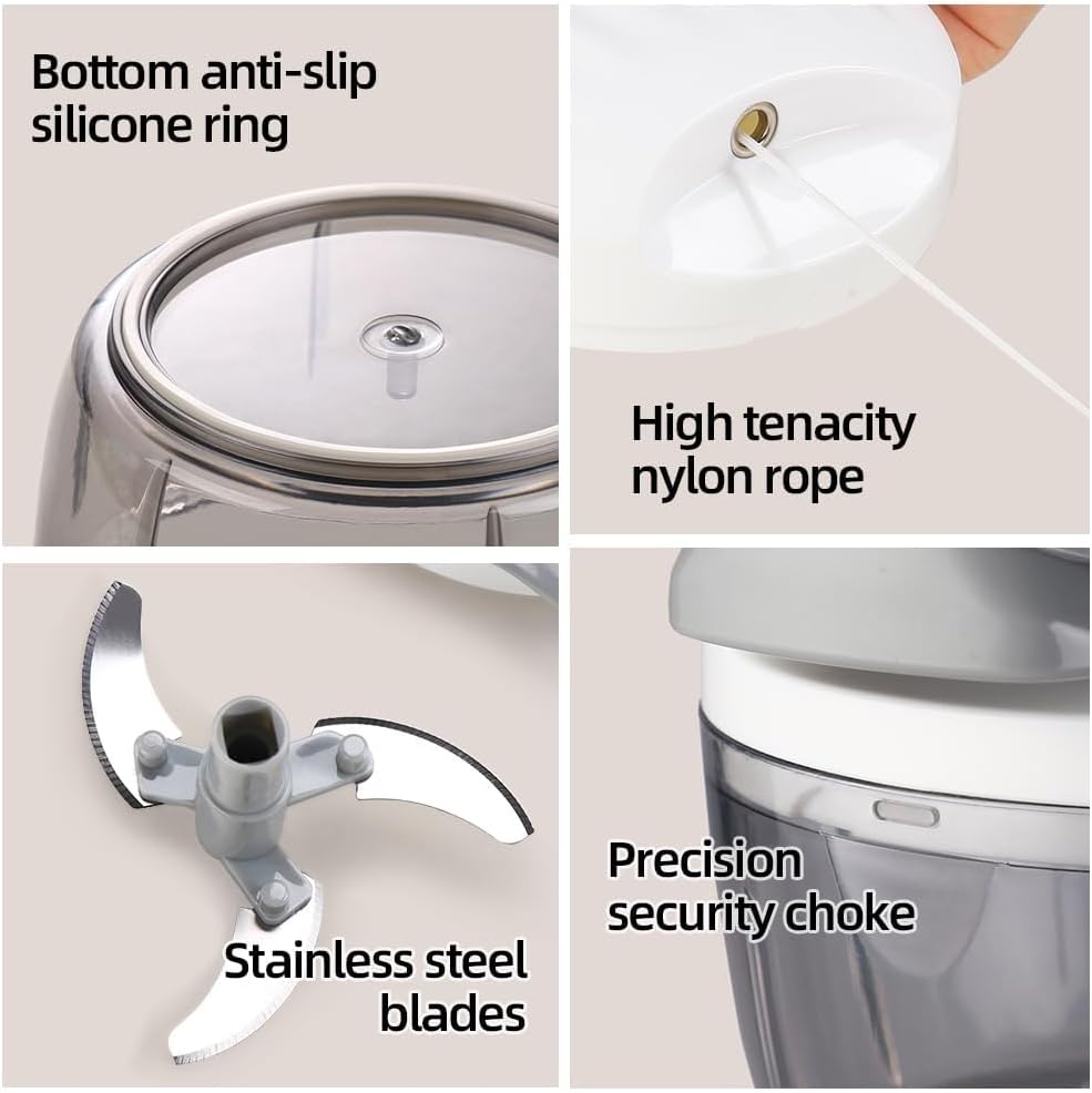 Manual Food Processor Vegetable Chopper 2.3 Cup Small Mini Hand Pull String Onion Chopper Garlic Mincer Cutter with 3 Stainless Steel Blades (Grey, 550 ml)