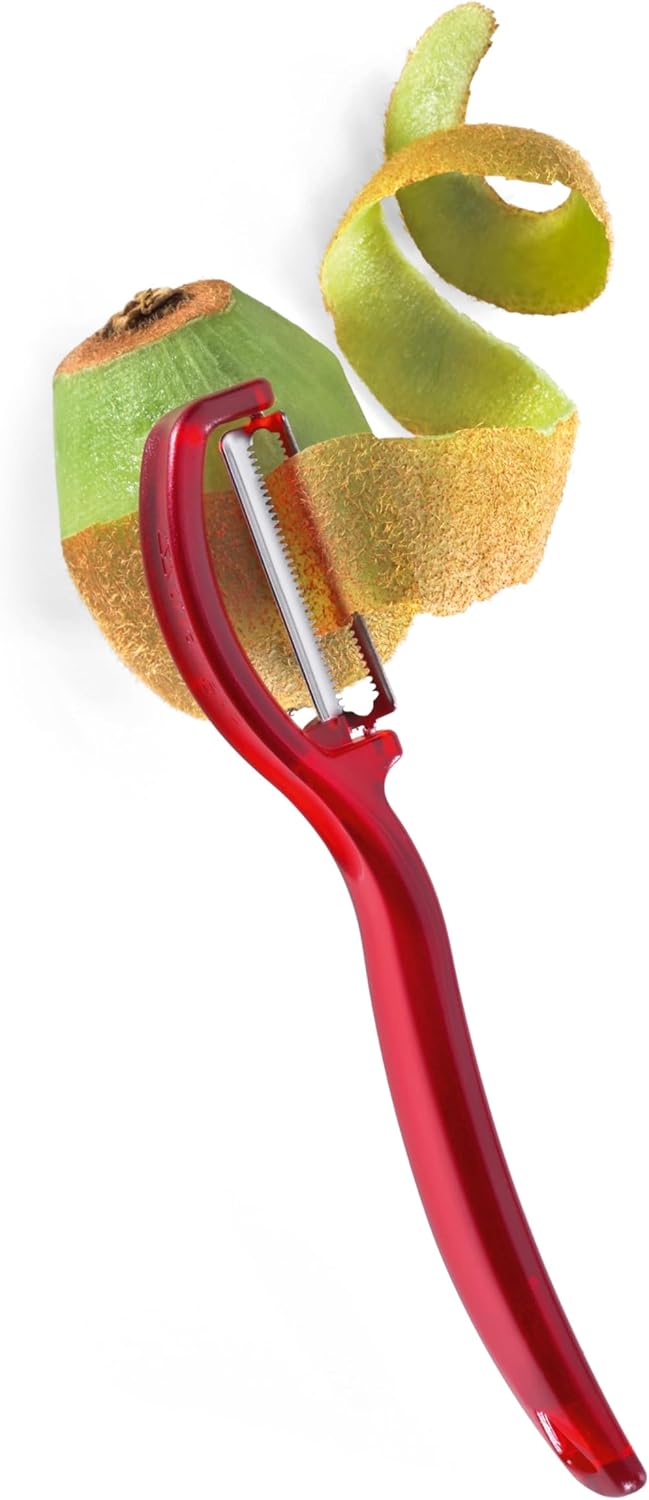 triangle Swivel Peeler, Red - Stainless Steel Serrated Twin Blade - Peels Soft, Delicate Fruits & Vegetables - Lightweight Handle - Dishwasher Safe - Made in Germany