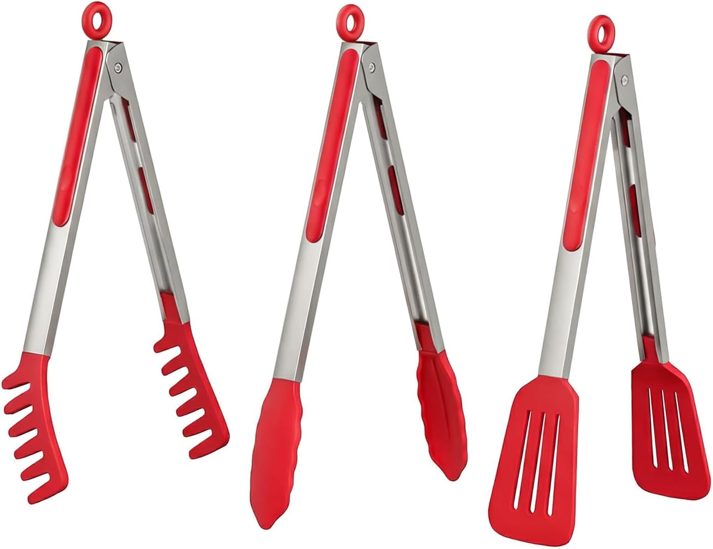 HST 3 Pack Kitchen Tongs, Non Stick Stainless Steel 9 Inch Tongs With Silicone Tip for Cooking BBQ Baking(Red)