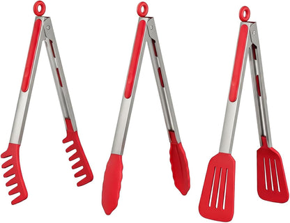 HST 3 Pack Kitchen Tongs, Non Stick Stainless Steel 9 Inch Tongs With Silicone Tip for Cooking BBQ Baking(Red)