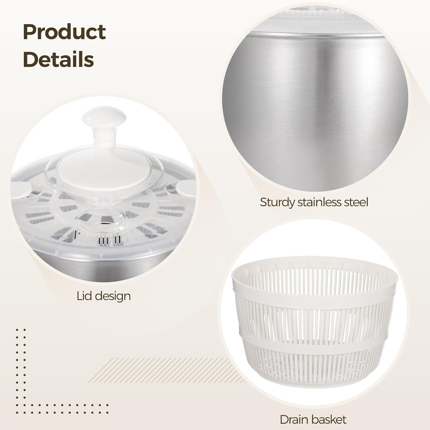 Stainless Steel Salad Spinner 5 L, 360° Quick Spin Function, BPA-Free Lid, Anti-Slip Base, Removable Design for Fruits, Vegetables, Pasta, and More
