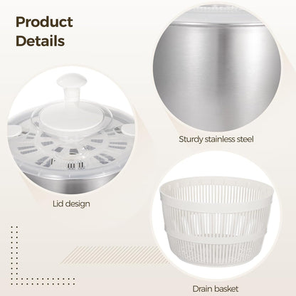 Stainless Steel Salad Spinner 5 L, 360° Quick Spin Function, BPA-Free Lid, Anti-Slip Base, Removable Design for Fruits, Vegetables, Pasta, and More