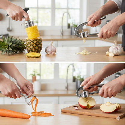 Ultimate Kitchen Tool Set of 4 – Pineapple Corer, Apple Slicer, Peeler & Garlic Crusher | Multifunctional Stainless Steel Gadgets for Fruit & Vegetable Prep | Easy-to-Use, Time-Saving Gift Set.