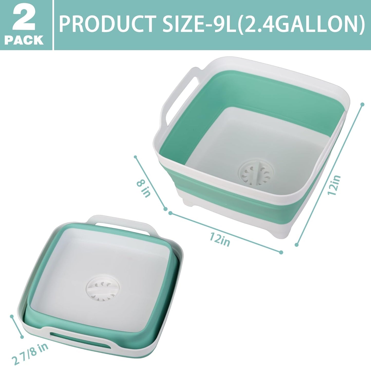 Tiawudi Dishpan for Washing Dishes, 2.4Gal/9L Wash Basin with Draining Plug Carry Handles, Collapsible Bucket for Cleaning, Portable Sink, Foldable Plastic Tub, 1PC