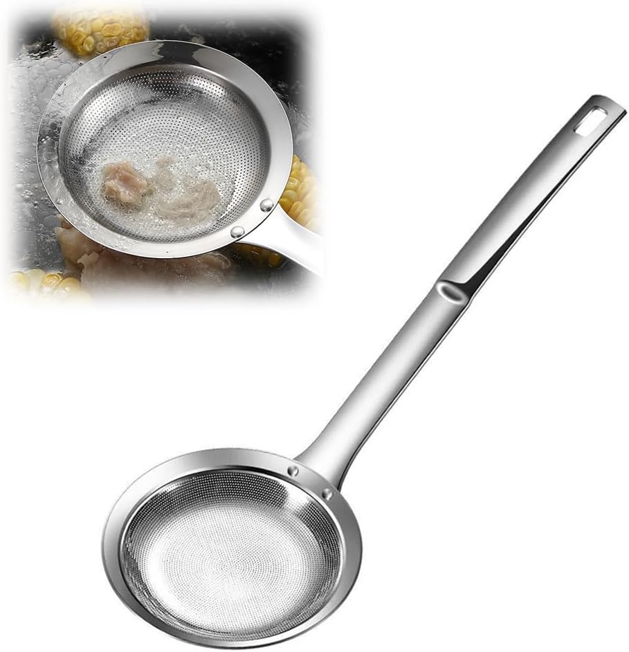 Fine Mesh Strainer with Handle, Stainless Steel Fat Skimmer Spoon, Oil Colander Food Strainer for Skimming Grease and Foam DIA 4.4" (Large)