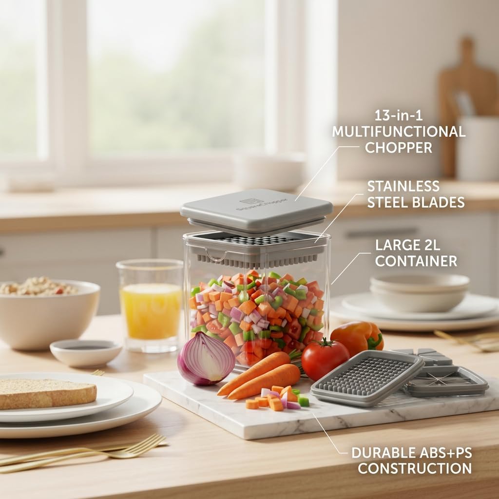 13-in-1 Vegetable Chopper with Container – Manual Veggie & Onion Food Chopper, Multifunction Vegetable Dicer for Fast Meal Prep, Kitchen Chopper with Stainless Steel Blades