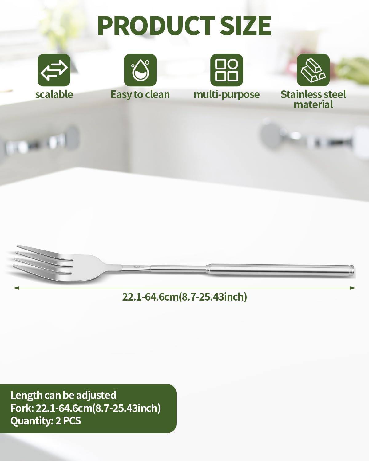 2 PCS Extendable Spoon, Telescopic Stainless Steel Spoon Set, Expandable Extension Spoon to 25 In Tableware, for BBQ Dinner Fruit Dessert
