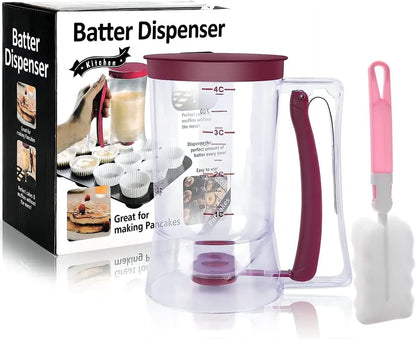Pancake Batter Dispenser, Pancake Dispenser with Measuring Label, Plastic Batter Dispenser with Cleaning Brush for Cupcakes, Waffles, Muffin Mix, or Any Baked Goods