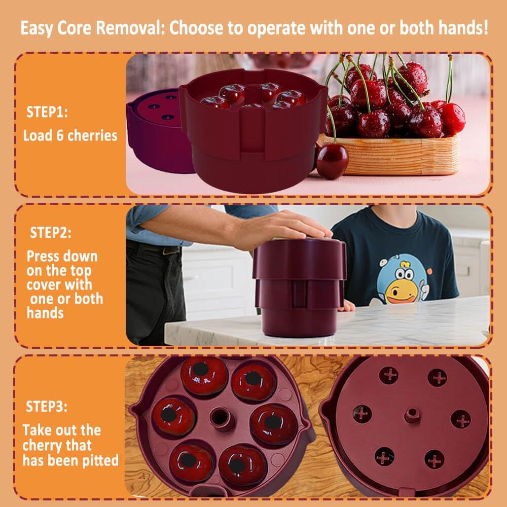 6-in-1 Cherry Pitter Tool for Bulk Jam Making & Baking, ABS Cherry Pit Remover with Juice Catch Container, One-Press Multiple Cherry Corer, Dishwasher Safe