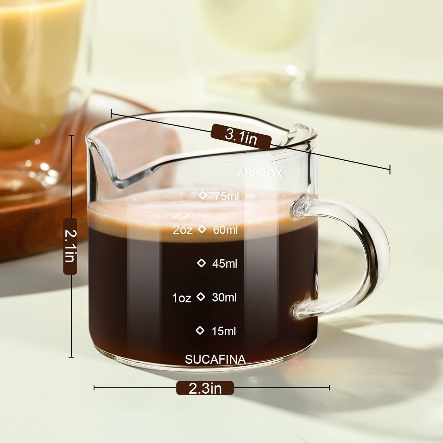 PARACITY Espresso Cup with Handle, 2.5 OZ Double Spout Clear Glass Measuring Cup with Dual Scale, Espresso Shot Glass with V-Shaped Mouth, Espresso Accessories