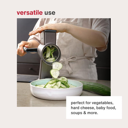 Zyliss Rotary Cheese Grater - Includes Universal & Gourmet Drums for Grating Cheese, Vegetables, Chocolates, Nuts & Fruits - Includes Non-Slip Suction Foot and Table Clamp - 2 Steel Drums