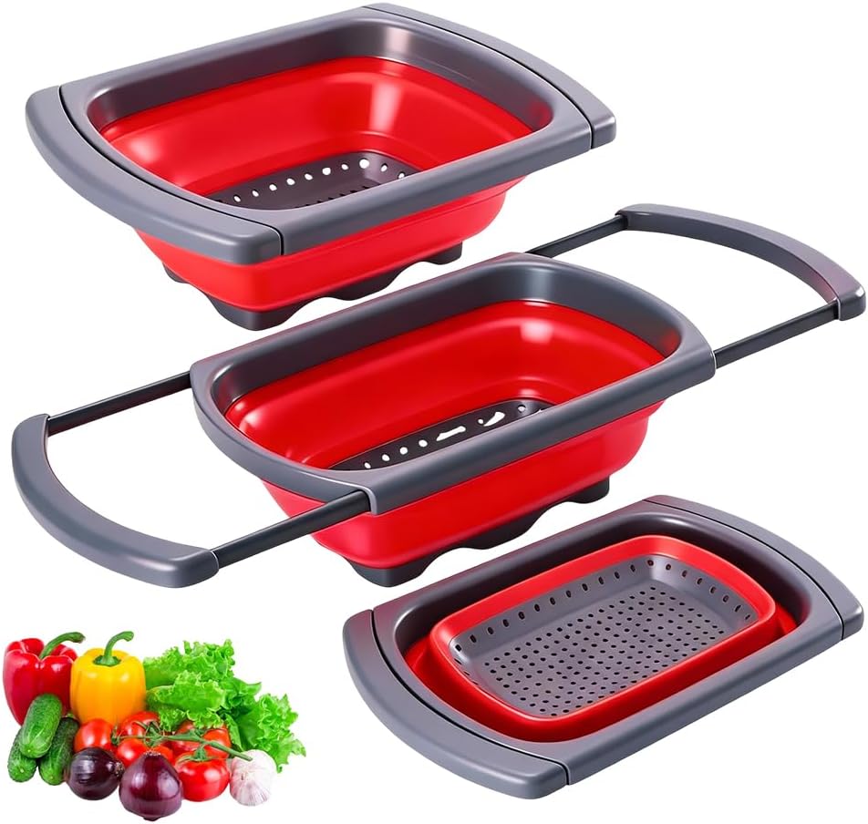 6 Quart Collapsible Colander Strainer, 2026 New Drain Cooked Pasta and Dry Dishes Square Silicone Kitchen Strainer, Upgrade Over The Sink Strainer Basket Colander Strainer (Green)
