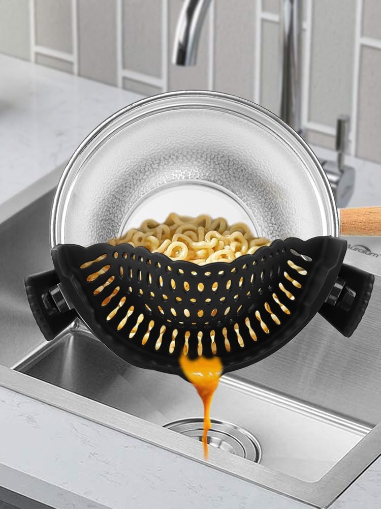 Clip on Strainer with Scraper,Silicone Strainer for Pots and Pans Adjustable Pasta Colander for Meat Vegetables Fruit Universal Fit For All Utensils(COLOR:black)