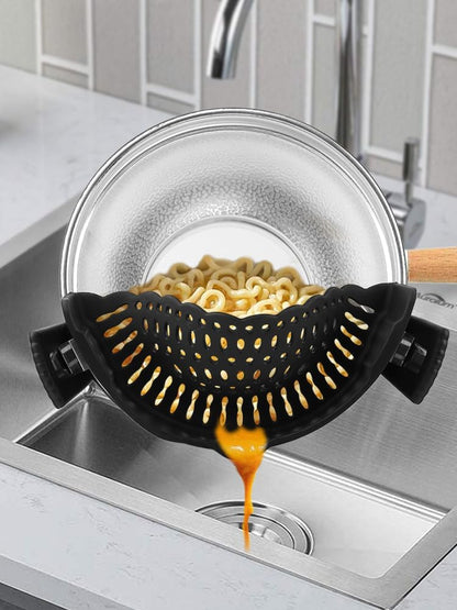 Clip on Strainer with Scraper,Silicone Strainer for Pots and Pans Adjustable Pasta Colander for Meat Vegetables Fruit Universal Fit For All Utensils(COLOR:black)