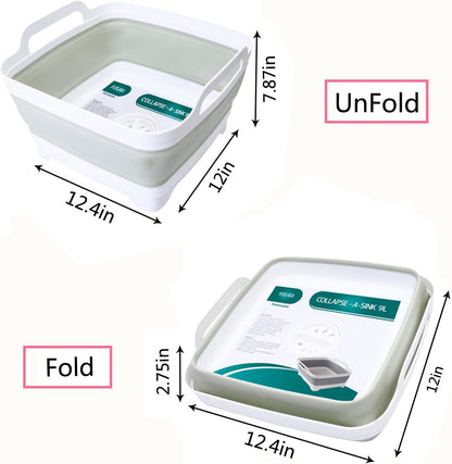 FOSJGO Collapsible Dish Basin with Drain Plug, 2.4 Gal (9L) Space-Saving Foldable Sink, Wash Basin for Kitchen, Baby Bottles, Vegetable Washing, Camping, RV and Party Beverage Tubs