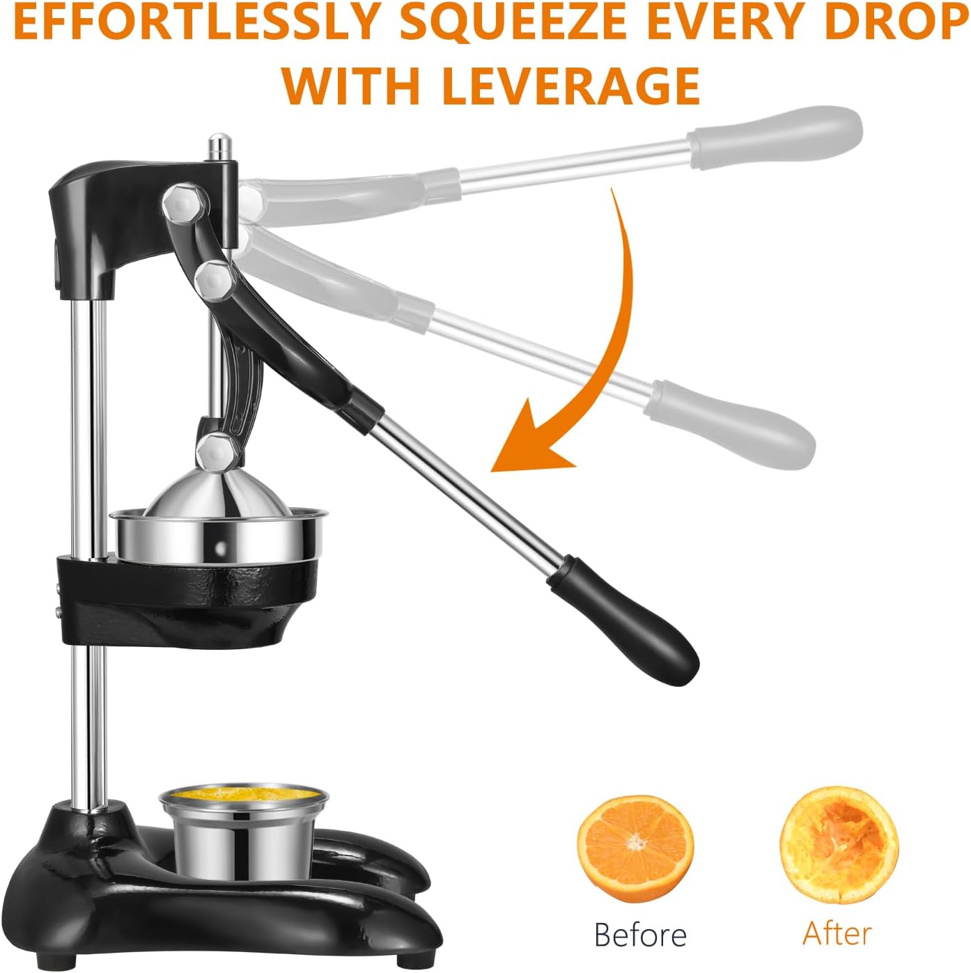 TONGCHANT Manual Juicer, Heavy Duty Cast Iron Juicer | Hand Press Juicer for Orange Lemon Lime Pomegranate & Citrus Fruits, High Leverage for Easy Juicing, Stainless Steel Cup, Easy to Clean, Black