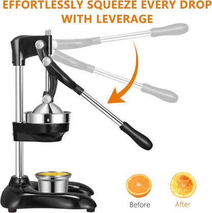 TONGCHANT Manual Juicer, Heavy Duty Cast Iron Juicer | Hand Press Juicer for Orange Lemon Lime Pomegranate & Citrus Fruits, High Leverage for Easy Juicing, Stainless Steel Cup, Easy to Clean, Black