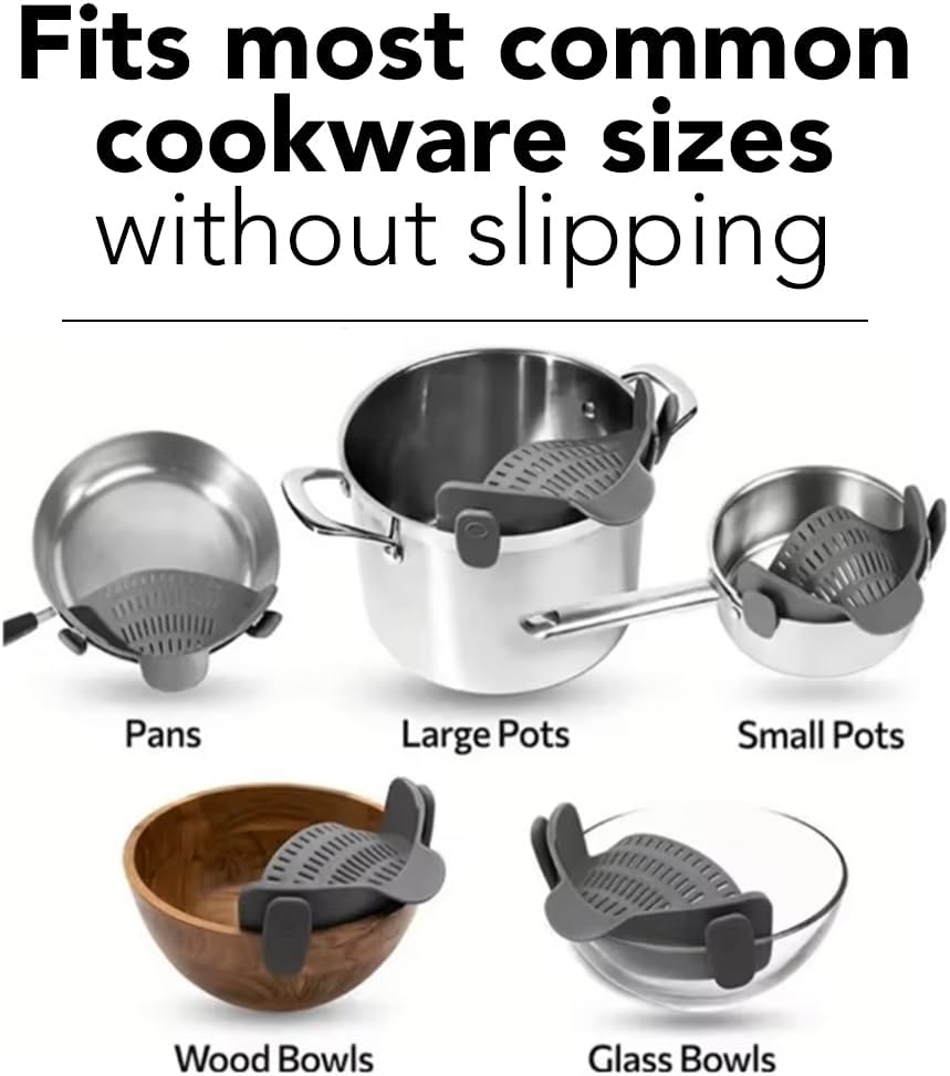 Clip‑On Pot Strainer Silicone Gray Dishwasher‑Safe Side‑Mount Design 9.4×4.6×2.5 Inches | Snap Drain Colander for Pans Bowls Skillets | Heat‑Resistant Kitchen Gadget Splash‑Guard