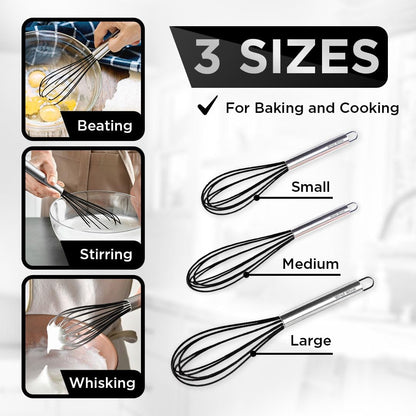 Silicone Whisk Set of 3 - wire whisk for Cooking Non-Scratch - whisks for cooking - Hand Whisk - whisker tool - wisking tool stainless