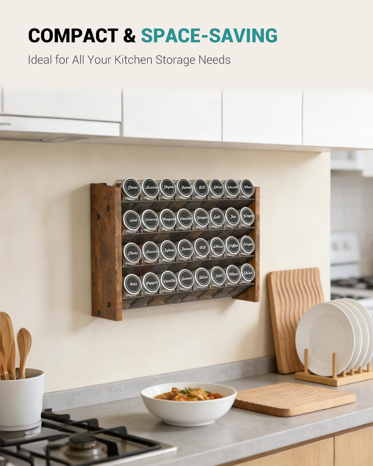 NESAPTO Spice Rack Organizer for Cabinet, Wood 4-Tier Vertical Seasoning Organizer, Wall Mount or Countertop Spice Shelf, Holds 28 Jars (No Jars Included), 14" W x 9.4" H