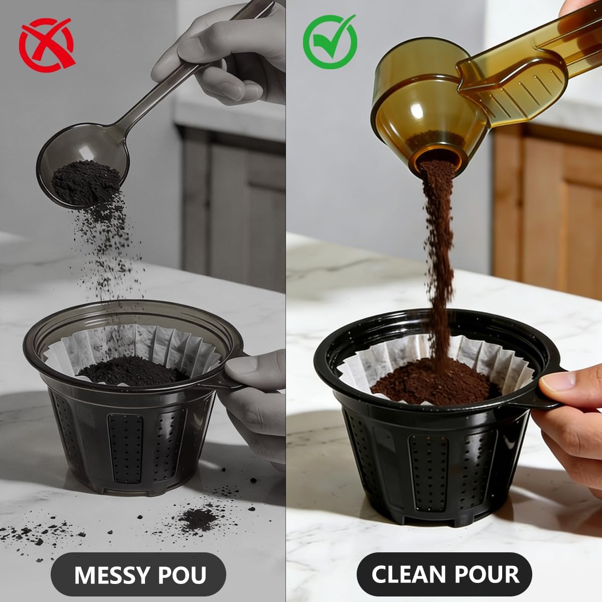 Credon Coffee Scoop with Funnel for Ground Coffee & Protein Powder – Coffee Bean Measuring Spoon, 2 Tablespoon Slide Scoop for Reusable K-Cup, Precision Spill-Proof (Black)