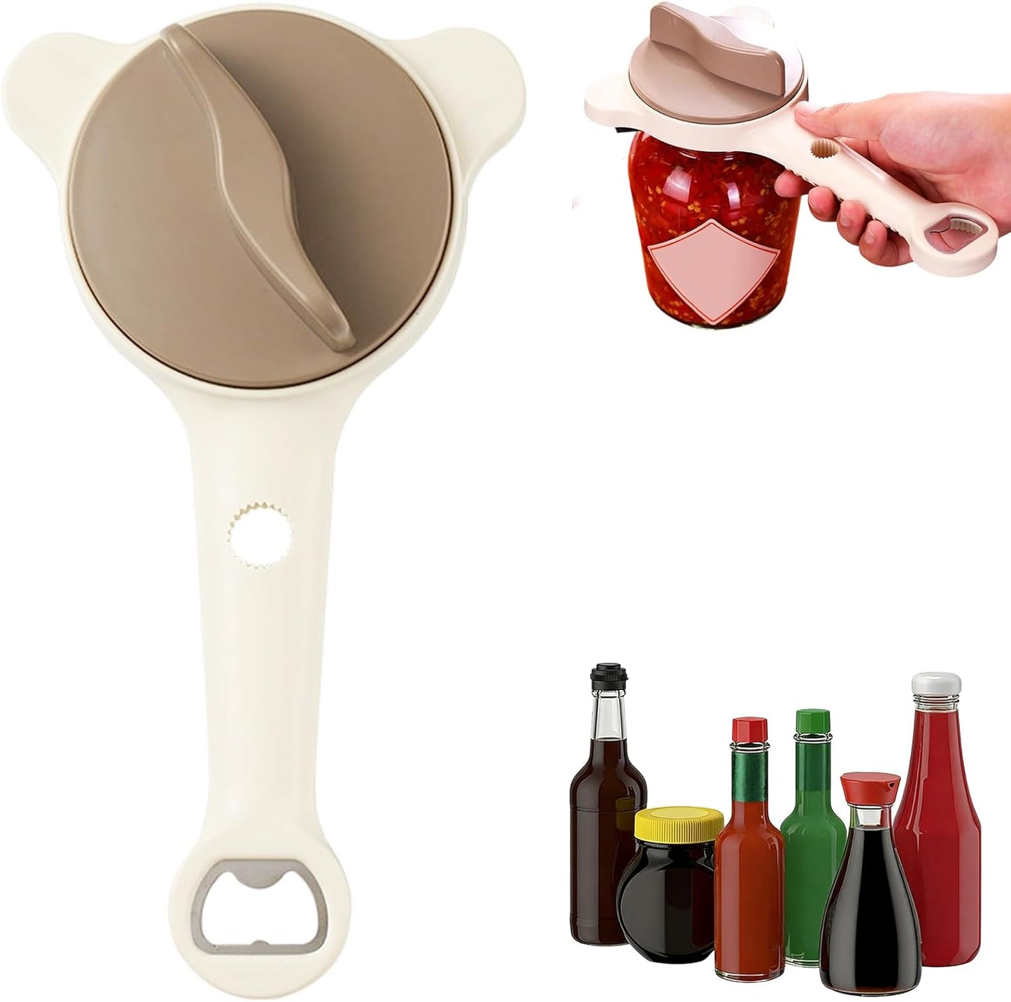 4 in 1 Multi-Purpose Jar Opener,Magnetic Stainless Steel Can Opener with Ergonomic Handle,Multi Size Lid Tool for Jars Cans Wine Bottles, Home Kitchen Helper(Beige)
