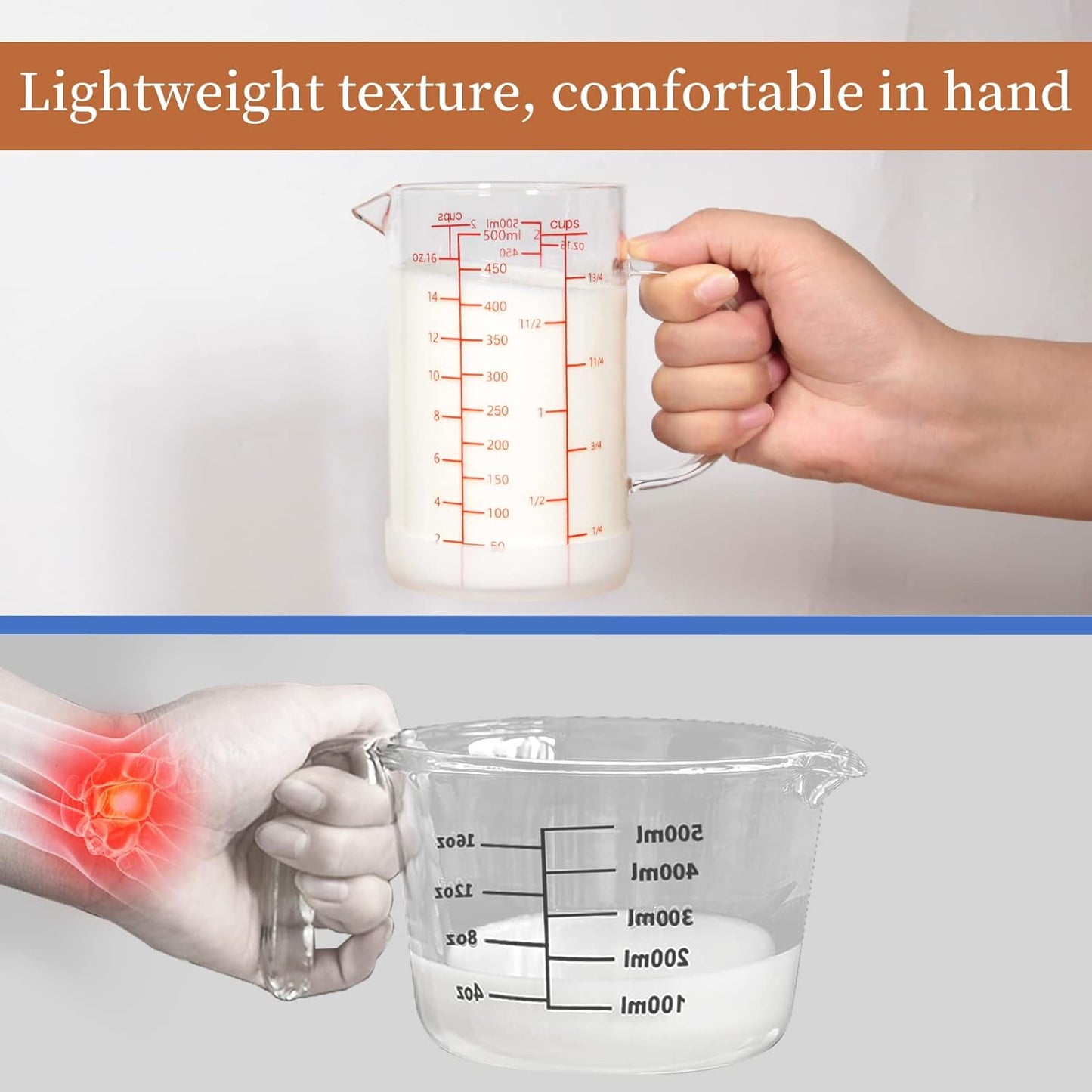 Newness 2-Cup Glass Measuring Cup For Baking and Cooking, (Upgraded, 3 Marking Including Cup/ML/Ounce Scale) Dishwasher, Freezer, Microwave, and Preheated Oven Safe, Essential Kitchen Tools