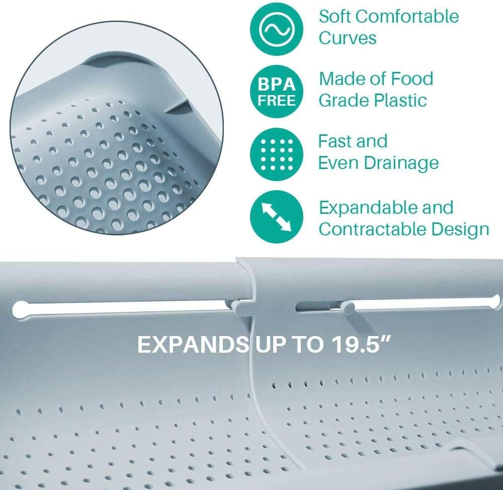 Extendable Strainer Basket Over the Sink Colander Vegetables Noodle Pasta Food Drain Basket Space Saver Portable Drainer (Grey)