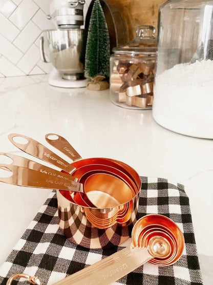Copper Measuring Cups and Spoons Stainless Steel 9 pieces with 2 Rings