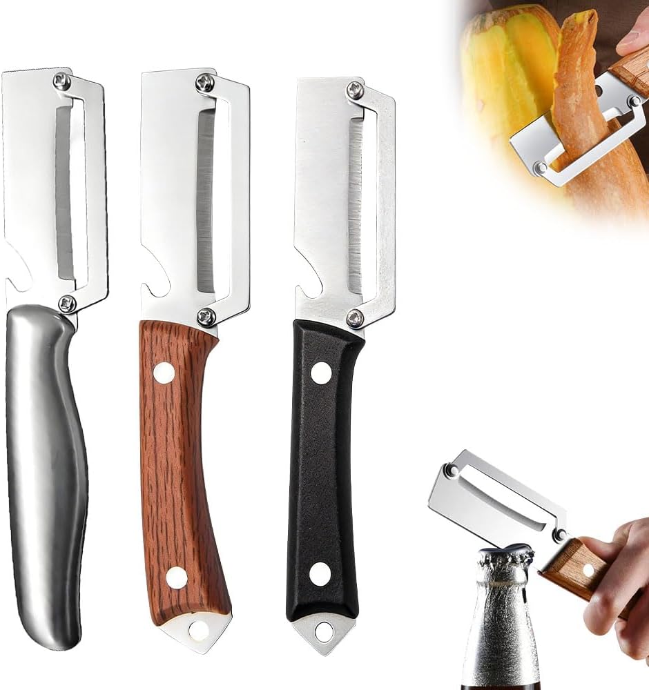 Multi-Functional Vegetable Peeler for Kitchen, 2026 New Vegetable Peeler with Wooden Handle and Bottle Opener, 2 in 1 Stainless Steel Kitchen Tool for Fruit Apple Potato Pumpkin Slicer (brown, 1PCS)